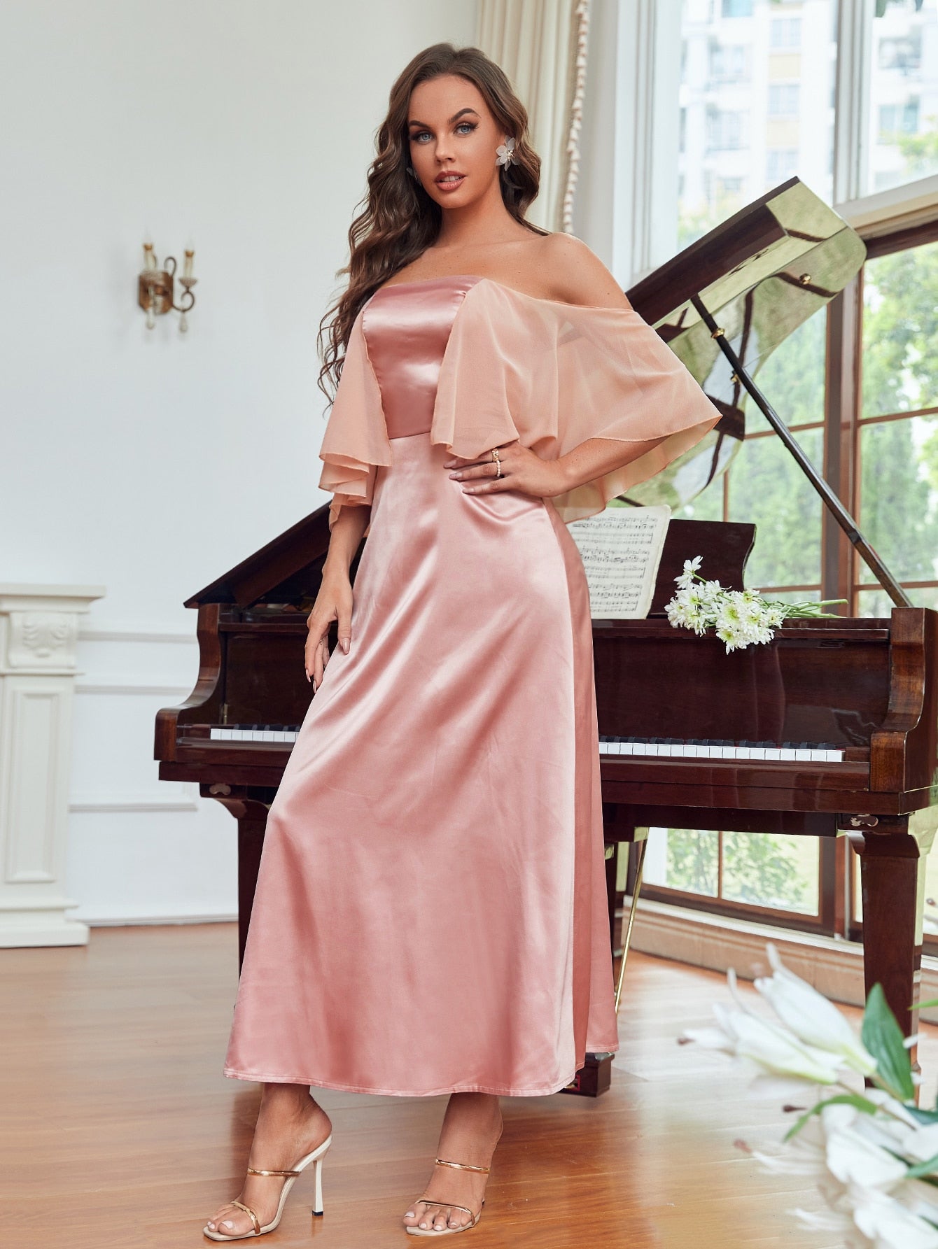 SHEIN Belle off Shoulder Overlay Satin Bridesmaid Dress