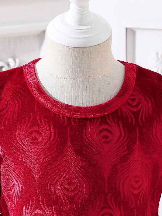 SHEIN Kids CHARMNG Girls' Velvet Gorgeous Feather Print Dress