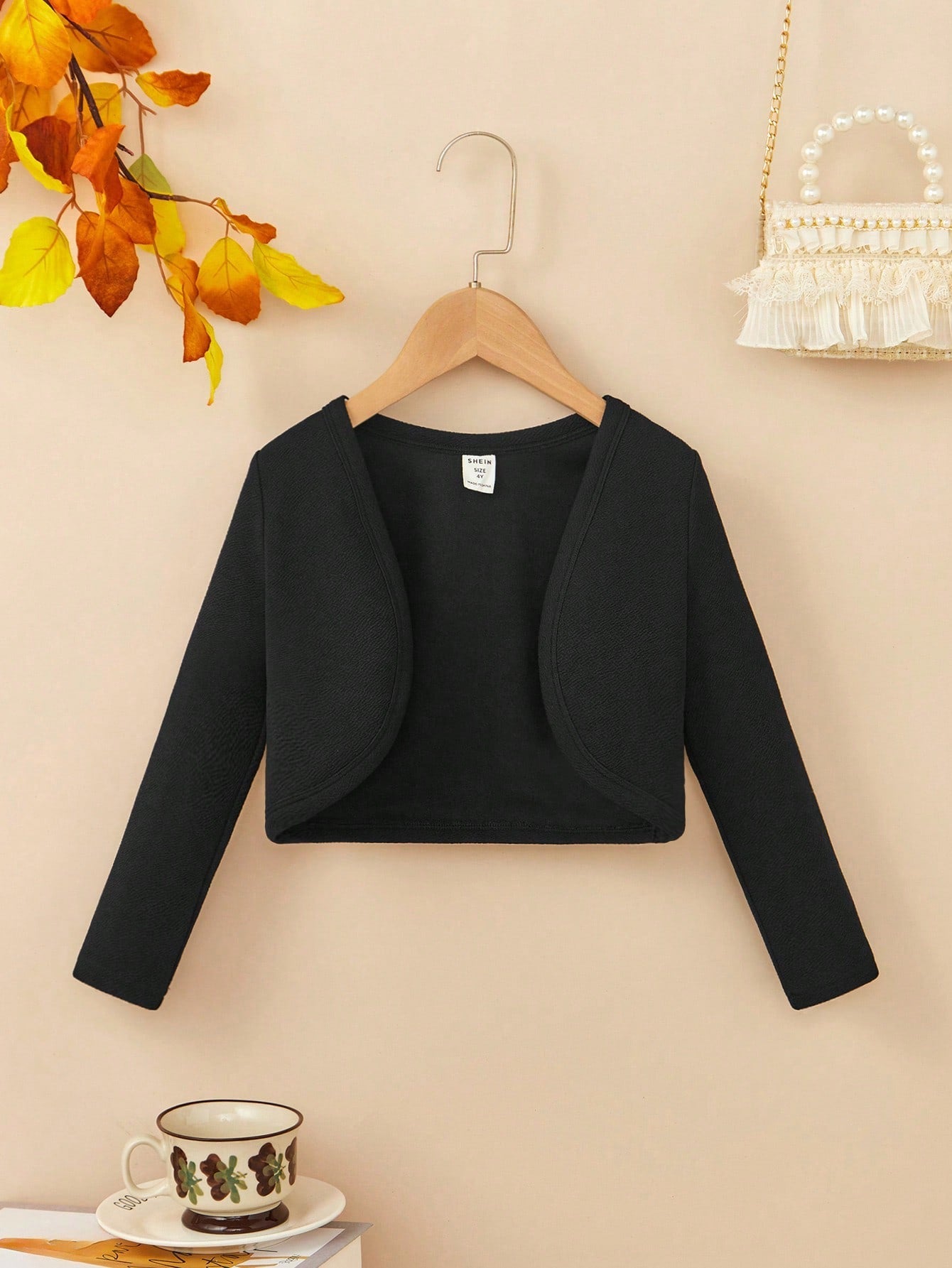 SHEIN Young Girls' Knitted Solid Color Open Front Cardigan Jacket with Long Sleeves