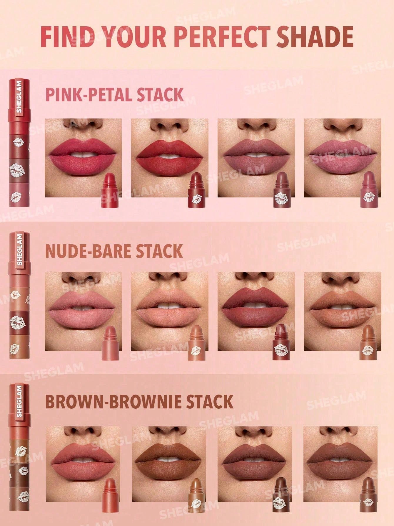 SHEGLAM Mega Lip Stacks-Nude-Bare Stack 4 in 1 Creamy-Matte Nude Lipstick Kit High Pigment Non-Drying Portable Travel Lipstick Kit Lip Makeup Black Friday Lipstick