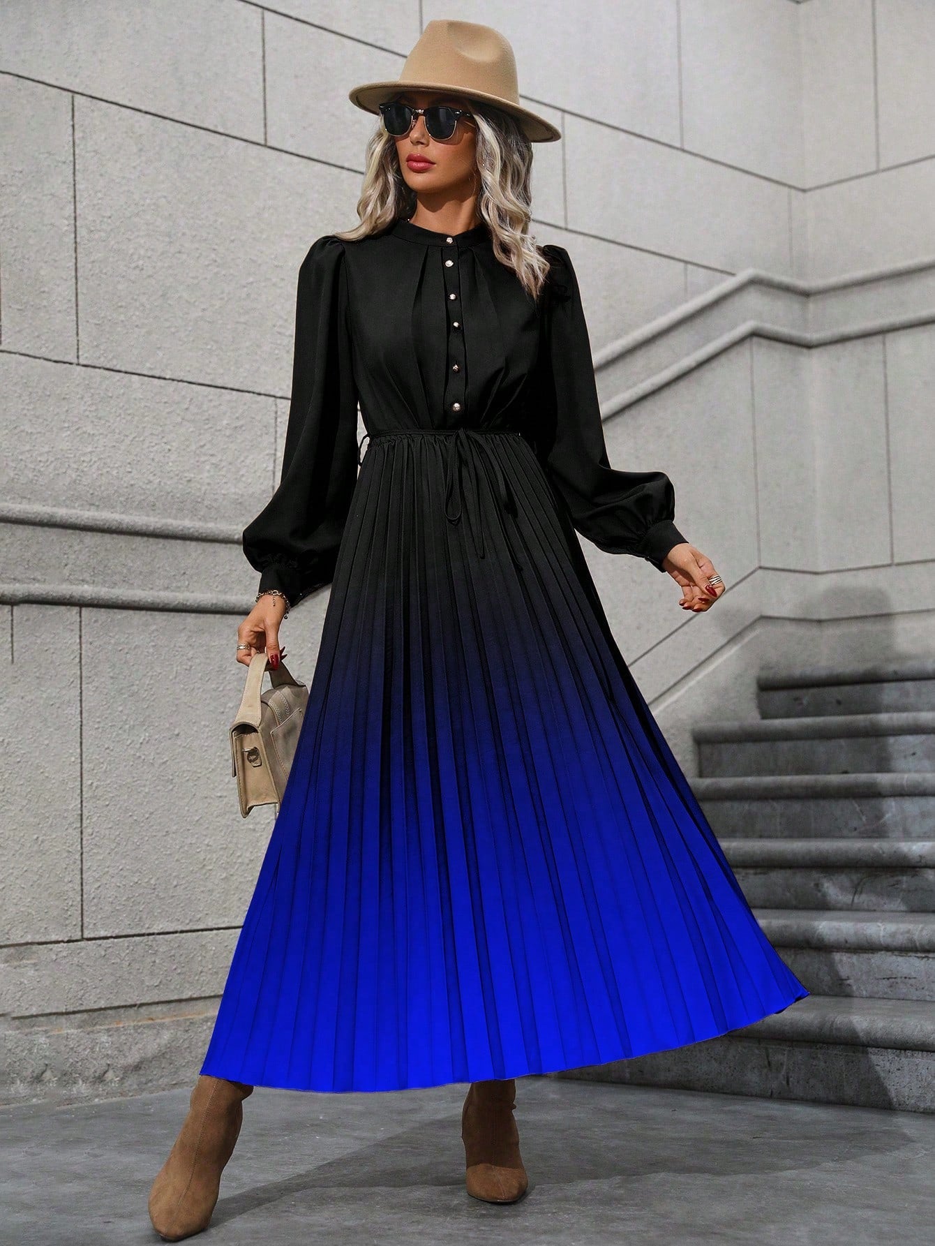Ombre Pleated Hem Shirt Dress without Belt