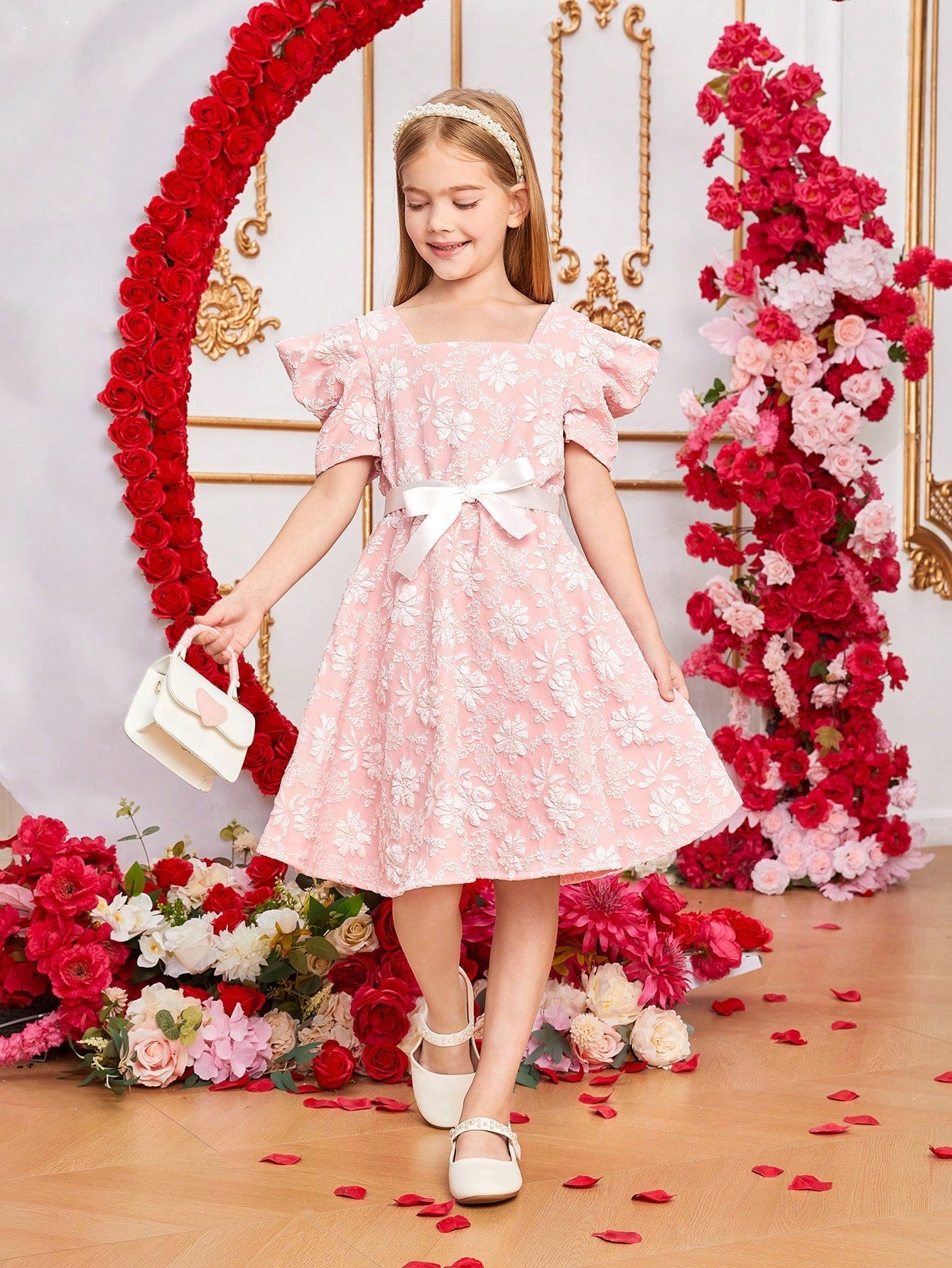SHEIN Kids EVRYDAY Tween Girls' Flower Jacquard Leg-Of-Mutton Sleeve Dress
