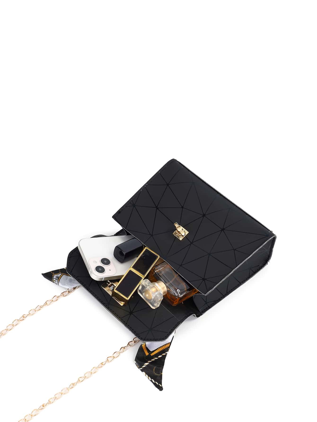 Silk Scarf Accessory Chain Embossed Pu Leather Floral Print Handbag