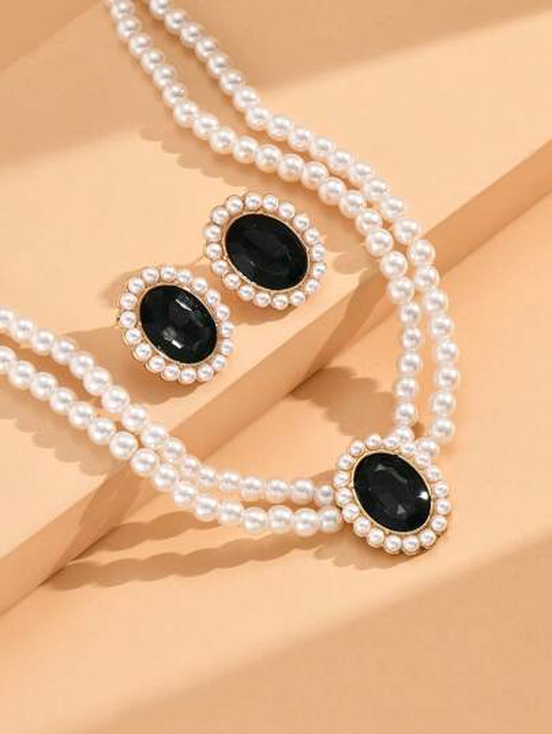 2Pcs Jewelry Set Including 1Pc Pearl Necklace & 1Pair Earrings, Vintage Style Elegant Necklace with Granny Green Stone Women'S Set(2-3Pcs/Set), Also Can Be Sold Separately