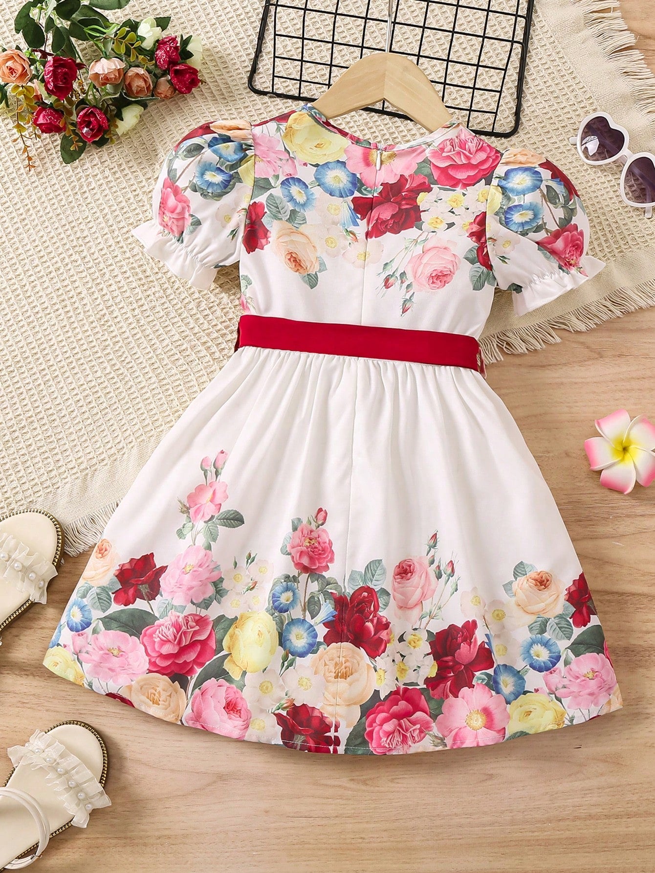 SHEIN Kids Y2Kool Little Girls' Puff Sleeve Floral Print Dress