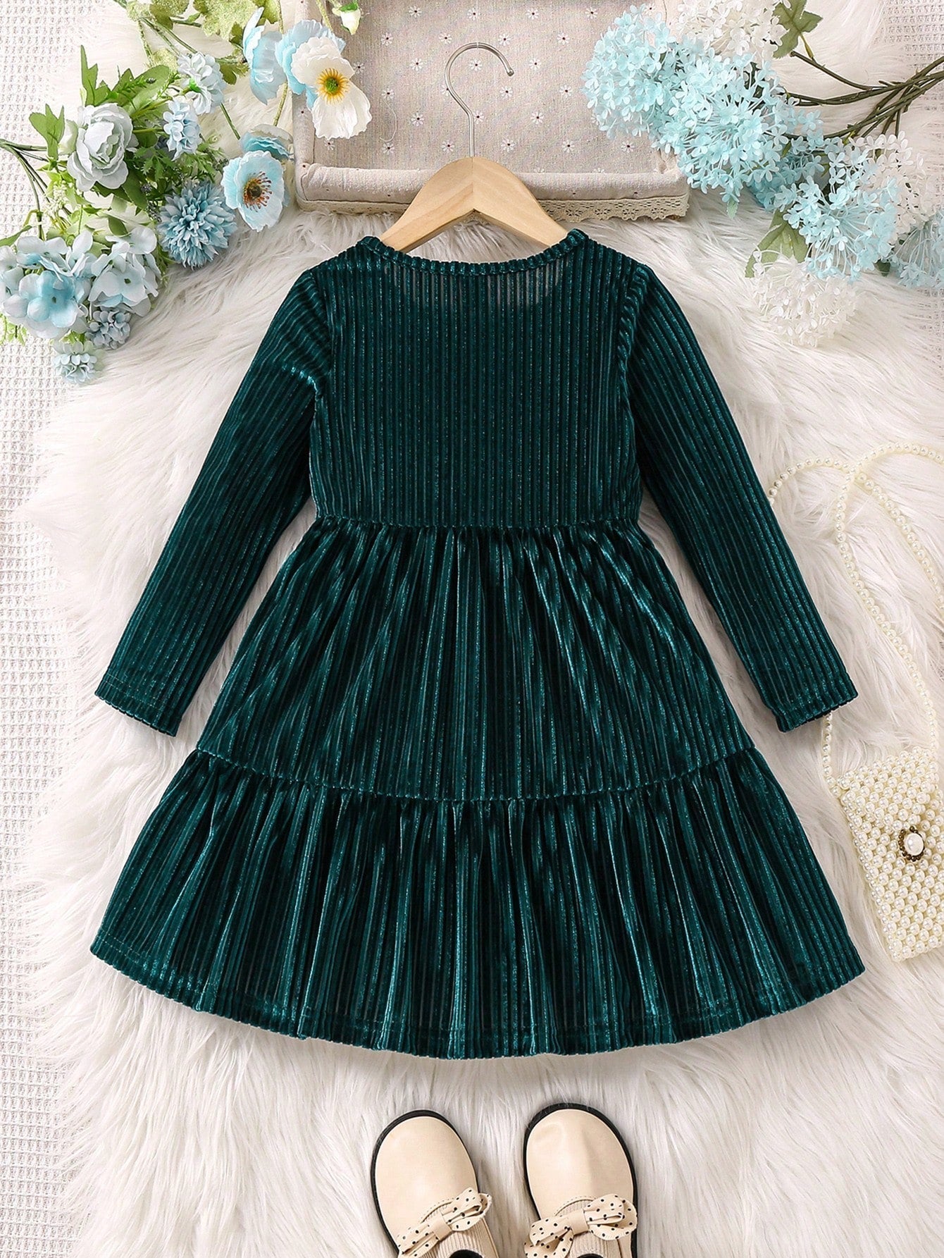 SHEIN Kids EVRYDAY Little Girls' Long Sleeve Ruffle Hem Dress