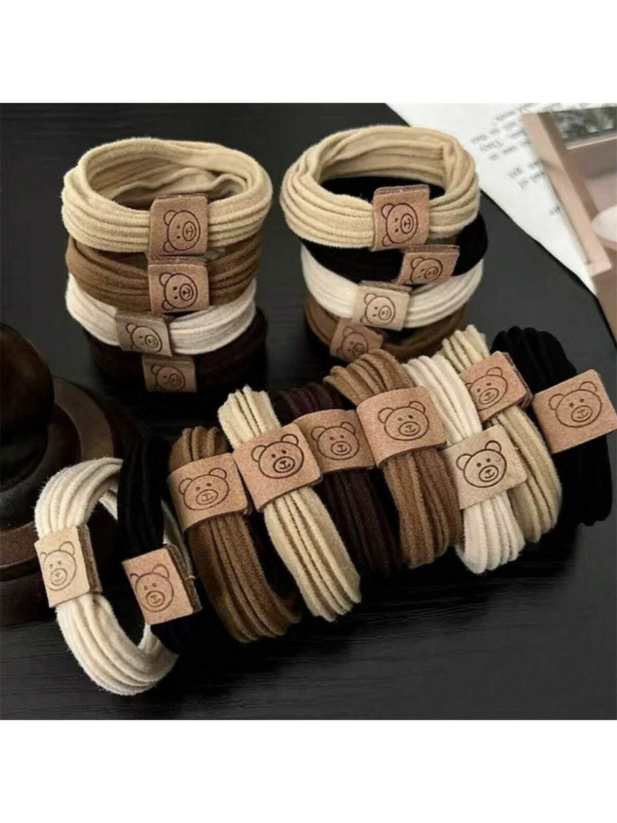 5Pcs Cute Bear Pattern Hair Tie Solid Color Elastic Hair Rope Ponytail Holder Girls Hair Accessories