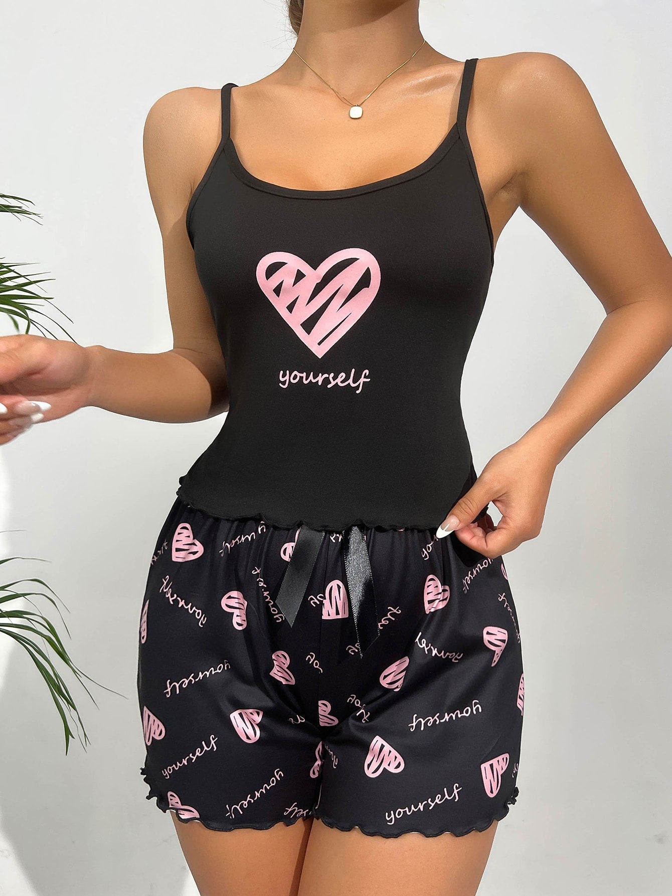 Heart & Letter Graphic Lettuce Trim Cami Top & Shorts PJ Set