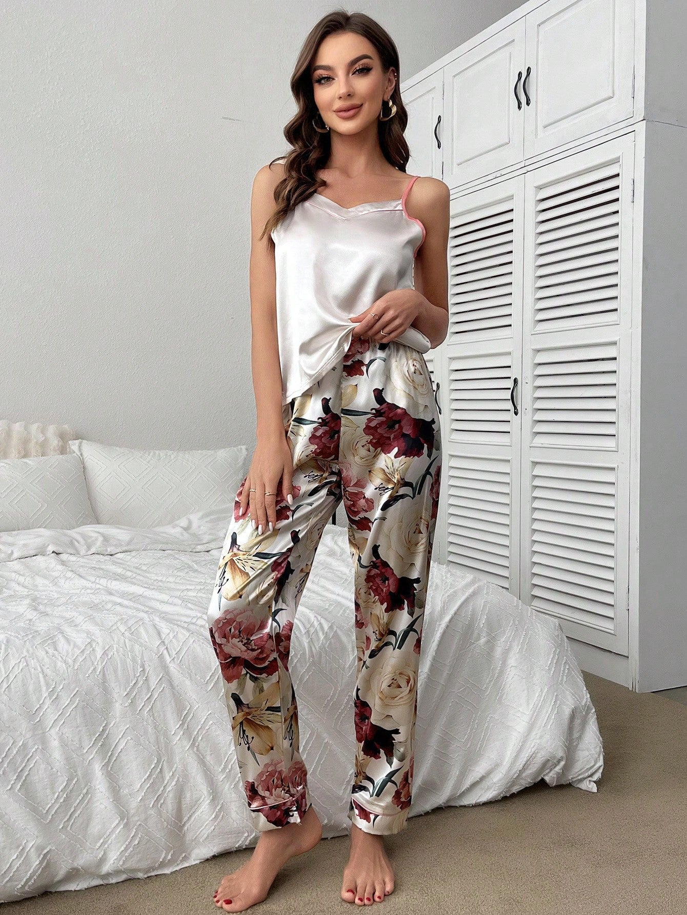 Floral Print Satin Cami Top & Pants PJ Set