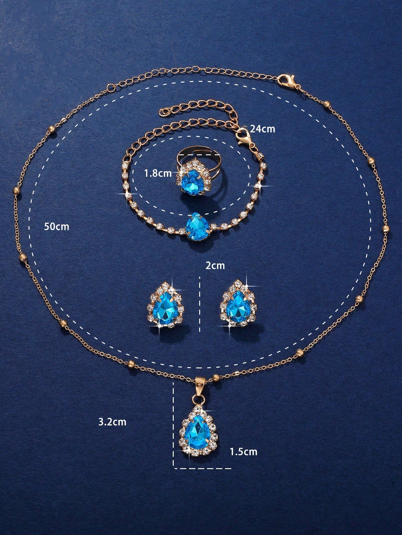 5Pcs Women'S Water Drop Shaped Rhinestone Jewelry Set