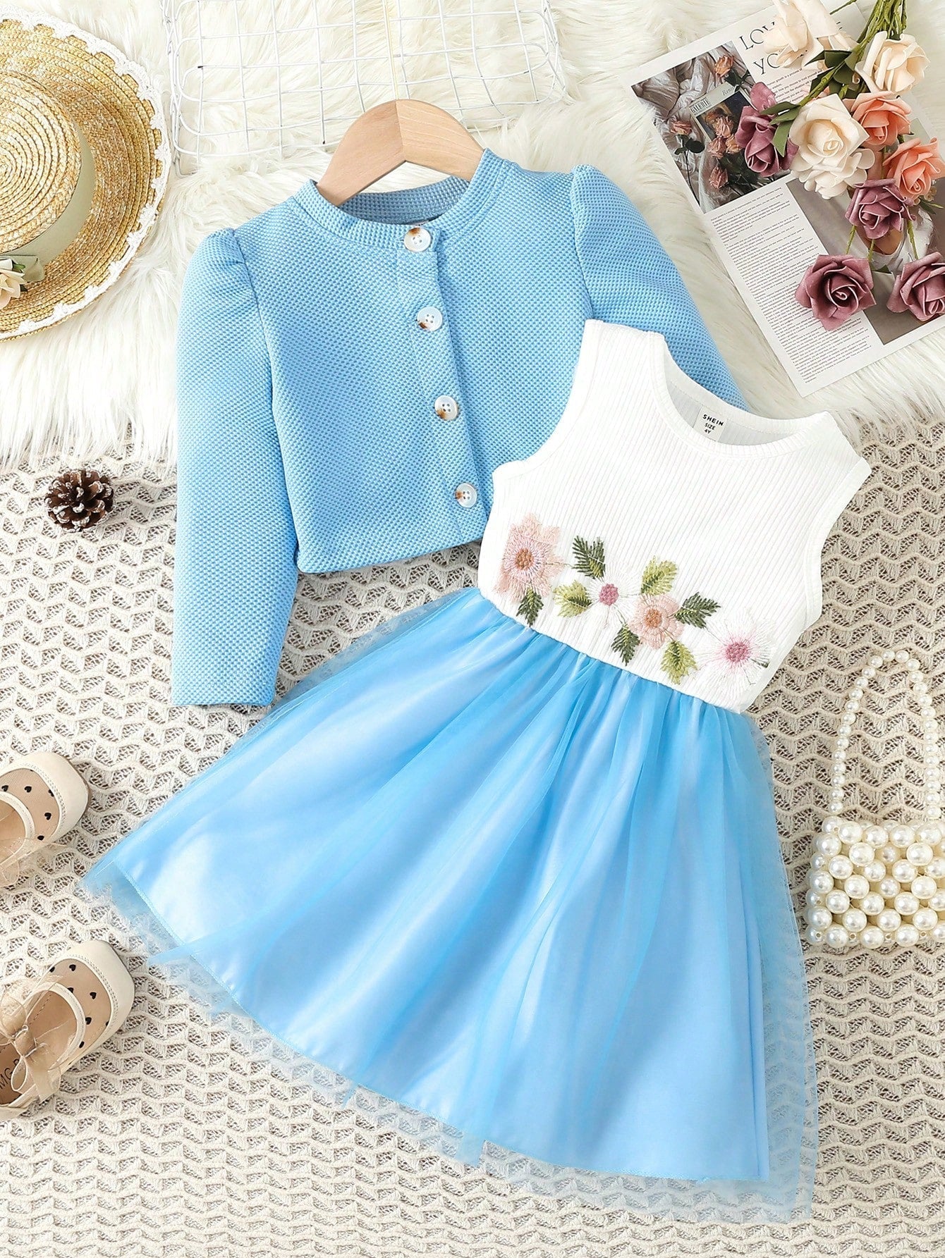 SHEIN Kids CHARMNG Young Girl Floral Embroidery Mesh Overlay Dress & Puff Sleeve Jacket