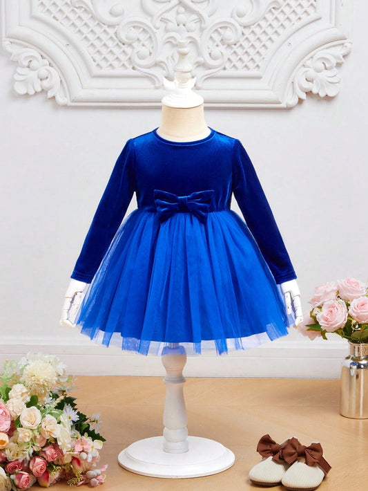 SHEIN Baby Girl Bow Front Mesh Hem Velvet Party Dress