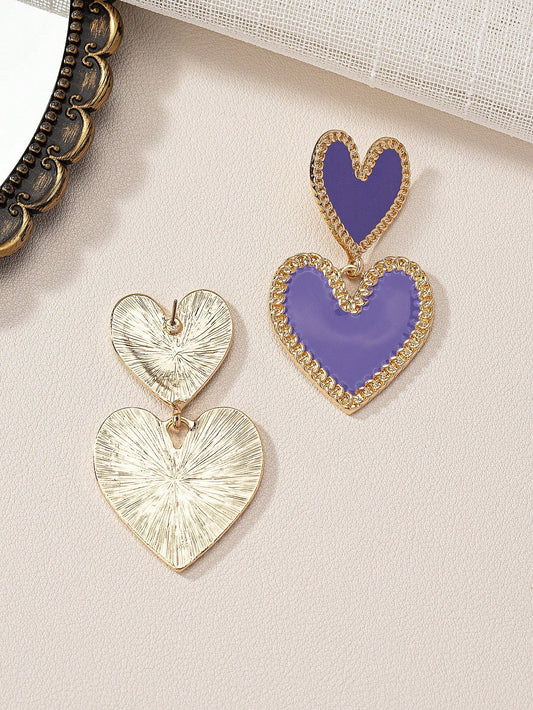 1 Pair Fashionable Double Heart Design Dangle Earrings for Valentine'S Day, Party