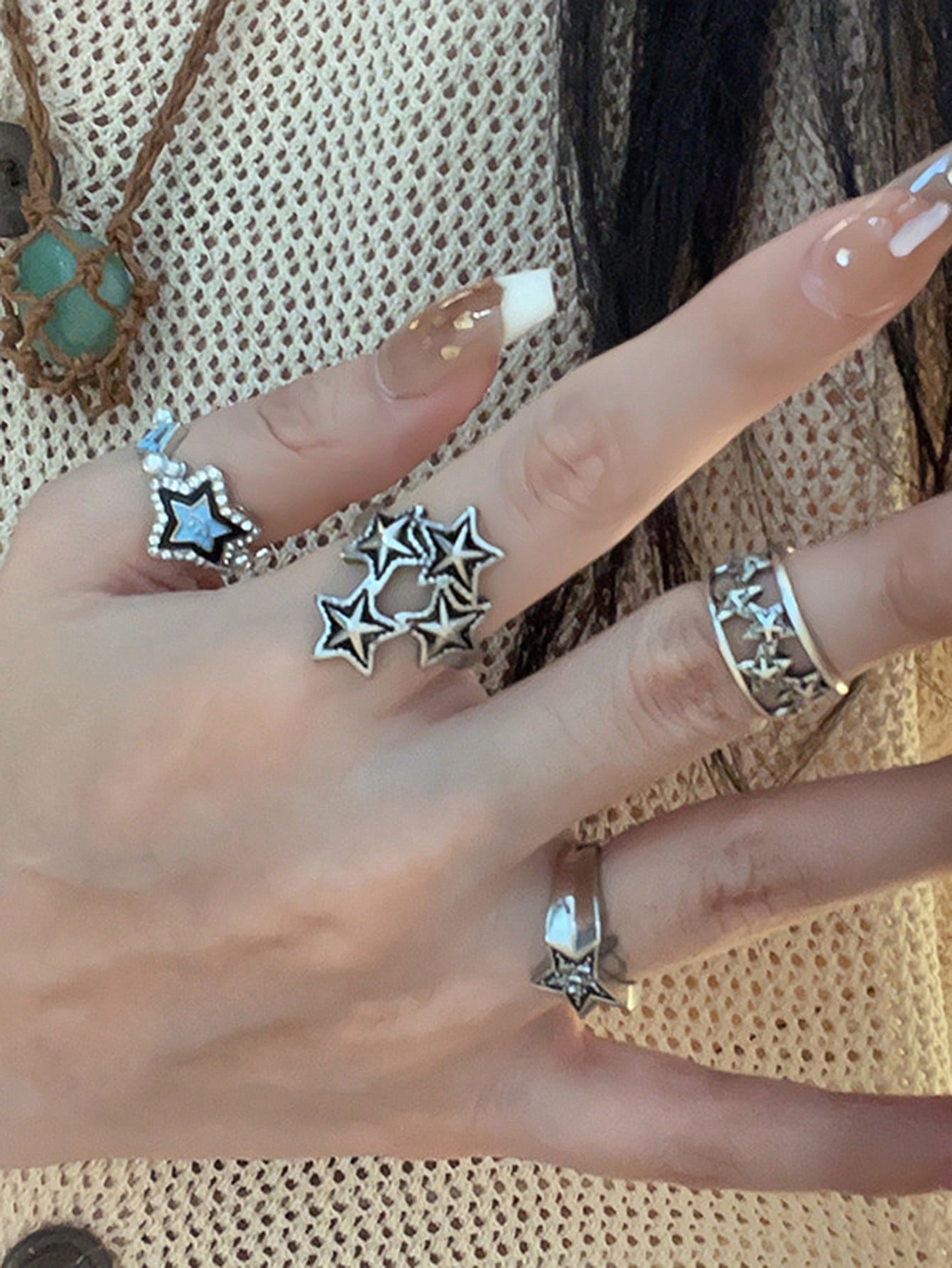 4Pcs/Set Vintage Geometric Star Design Open Ring, Suitable for Women'S Daily Outfits