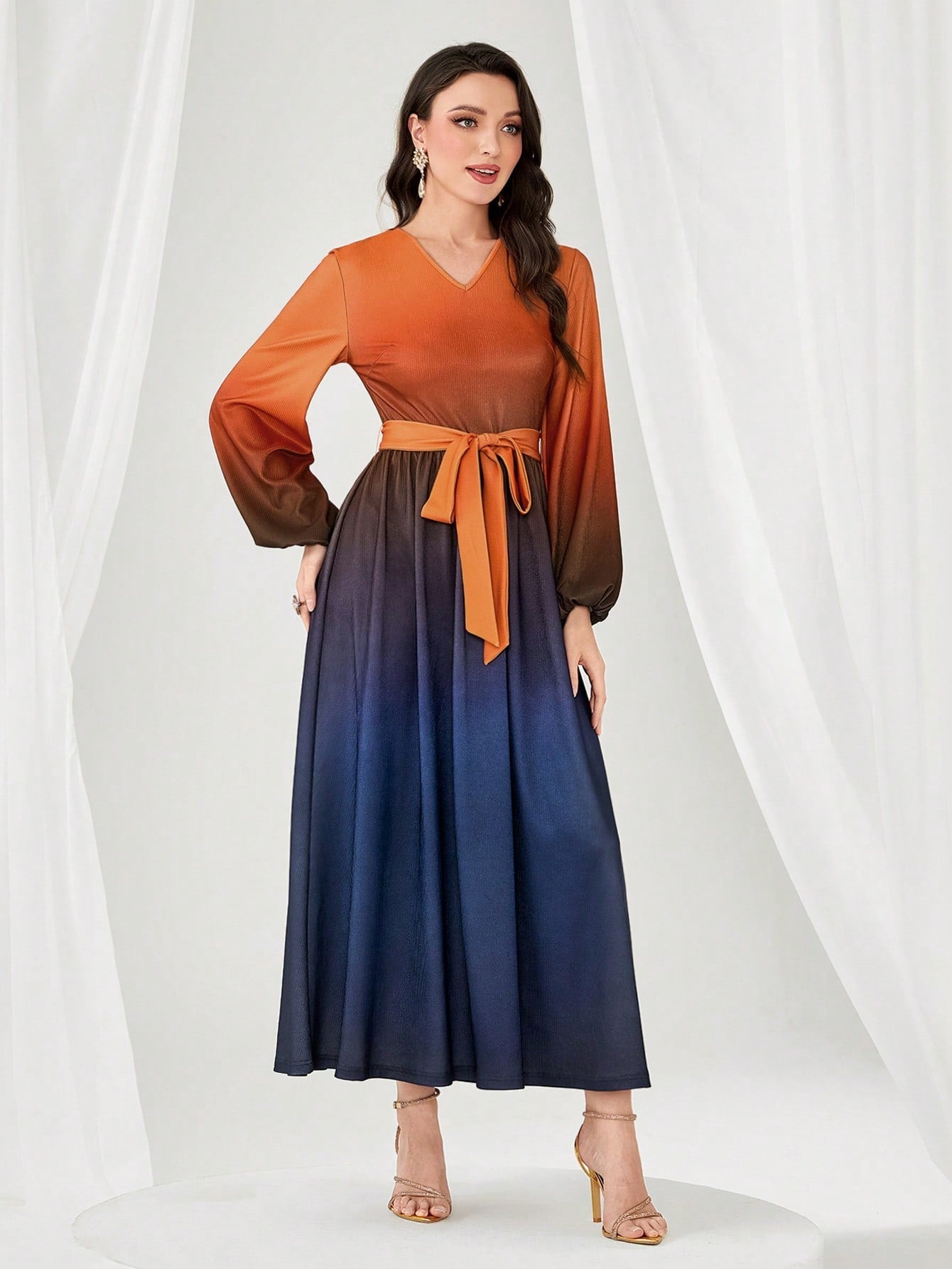 SHEIN Modely Ombre Lantern Sleeve Belted Dress