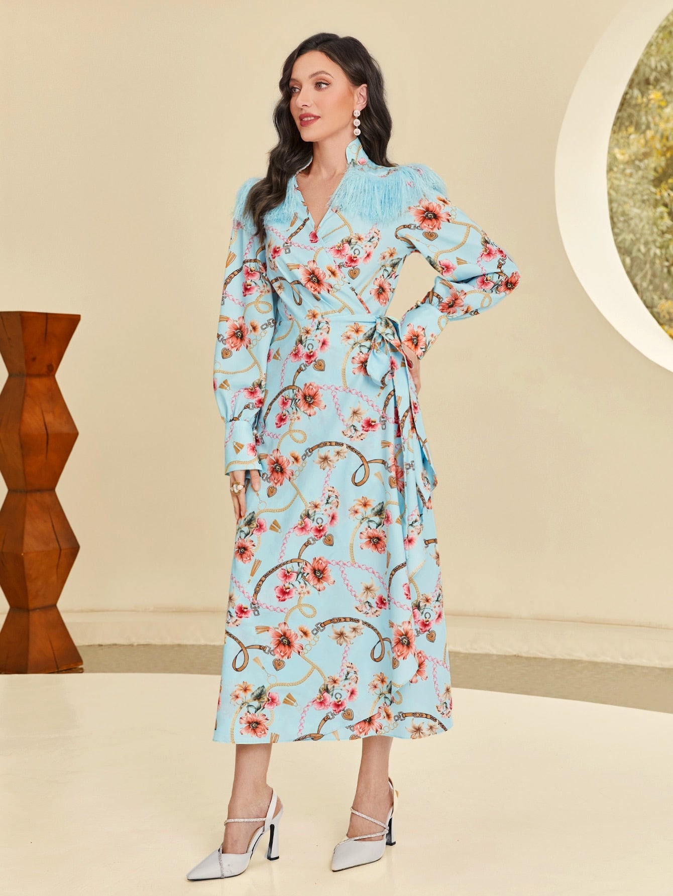 SHEIN Modely Chain and Floral Print Lantern Sleeve Dress
