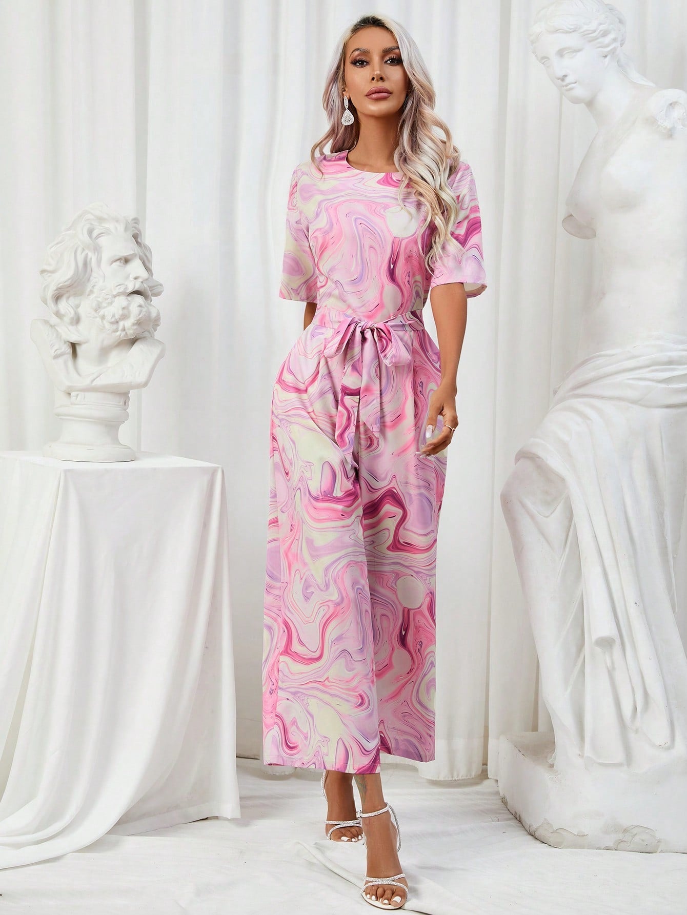 Allover Print Belted Wide Leg Jumpsuit