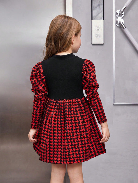 SHEIN Kids FANZEY Young Girl Houndstooth Print Gigot Sleeve Dress