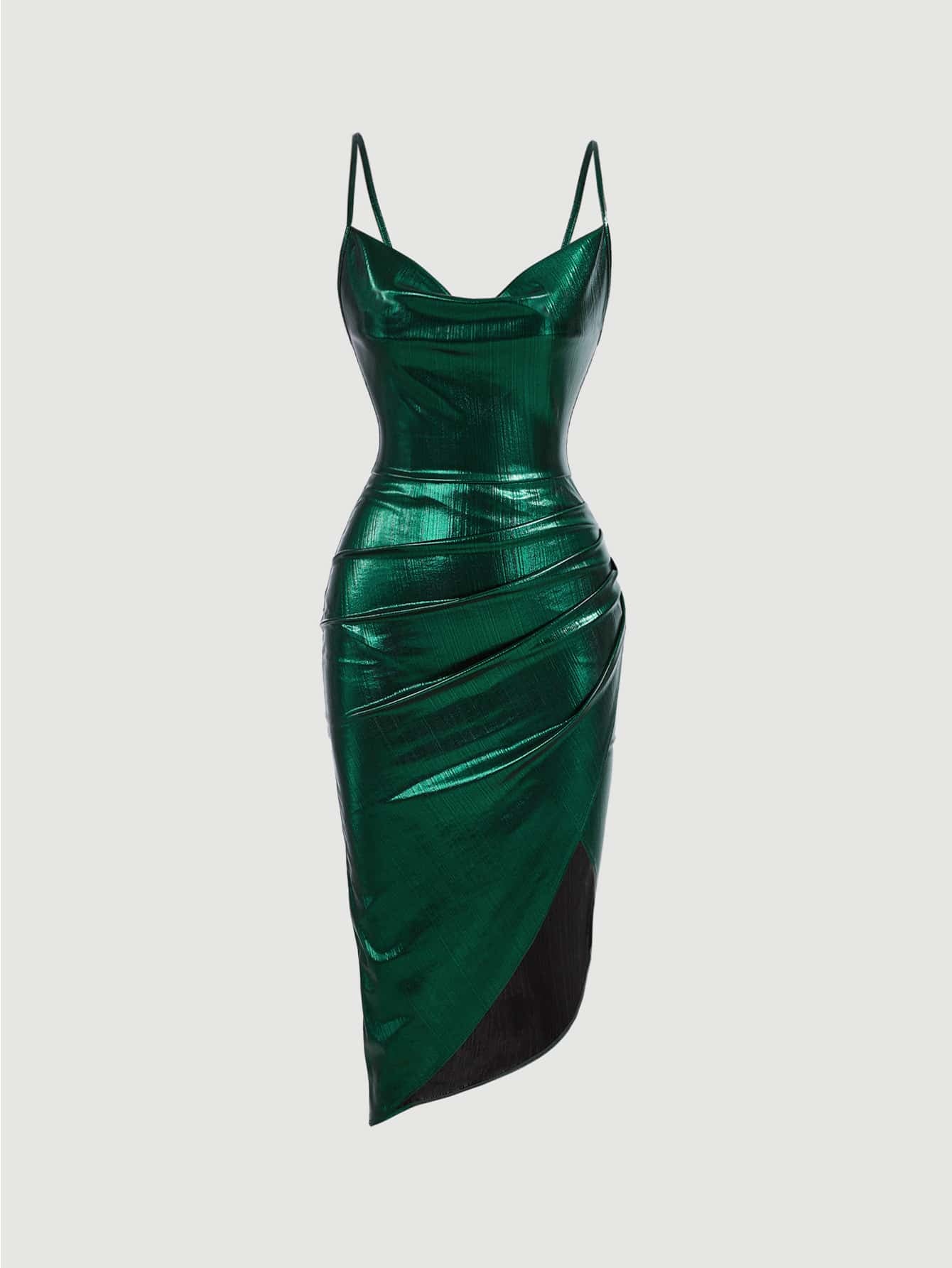 SHEIN BAE Draped Collar Ruched Metallic Cami Dress