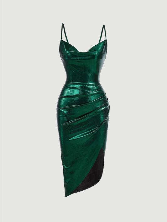SHEIN BAE Draped Collar Ruched Metallic Cami Dress