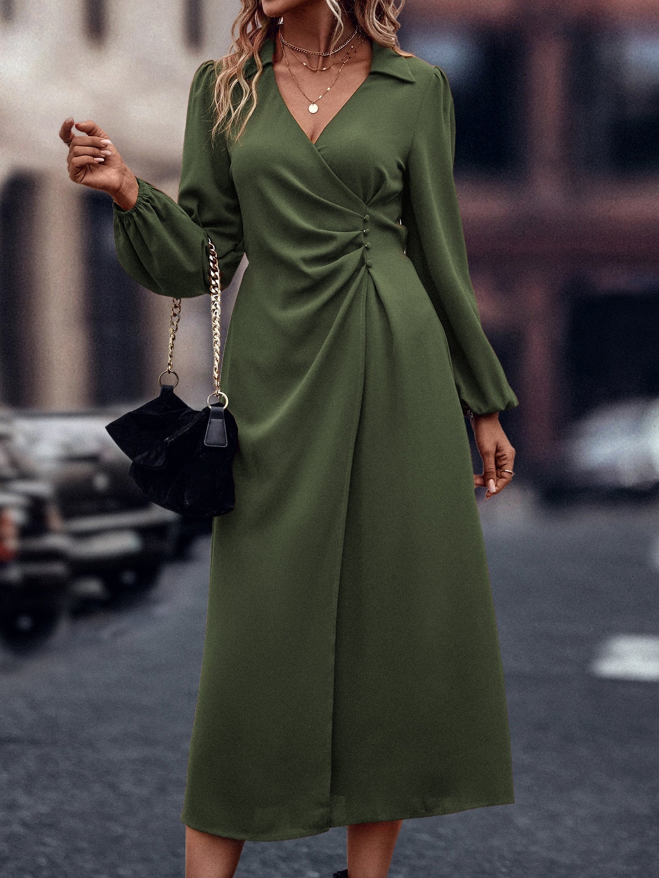 SHEIN LUNE Solid Ruched Bishop Sleeve Dress