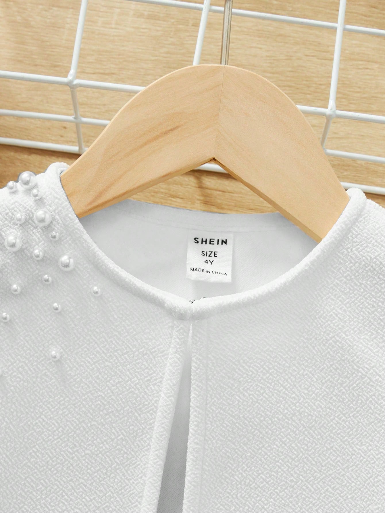 SHEIN Young Girl Pearls Beaded Detail Puff Sleeve Jacket