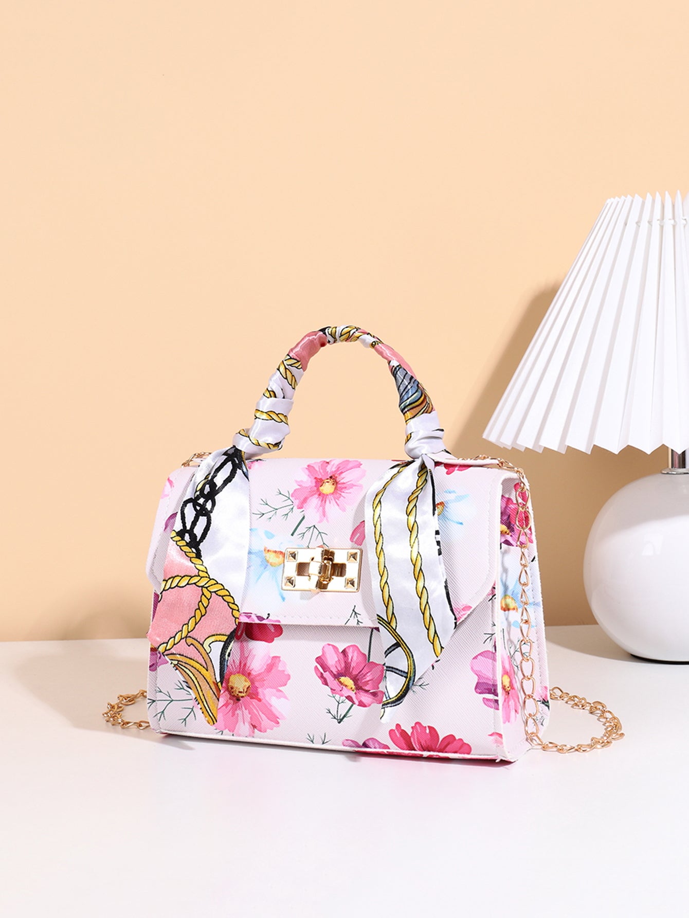 Silk Scarf Accessory Chain Embossed Pu Leather Floral Printed Handbag
