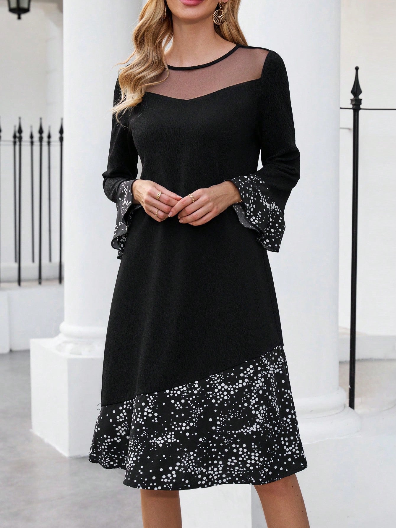 EMERY ROSE Women'S Polka Dot Decorated Long Sleeve Dress