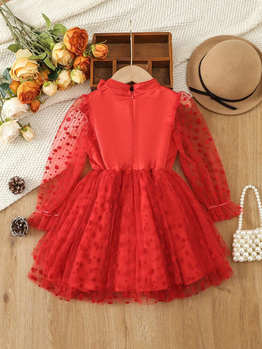 Young Girls' Vintage Polka Dot Mesh Dress with Bow Decor for Autumn