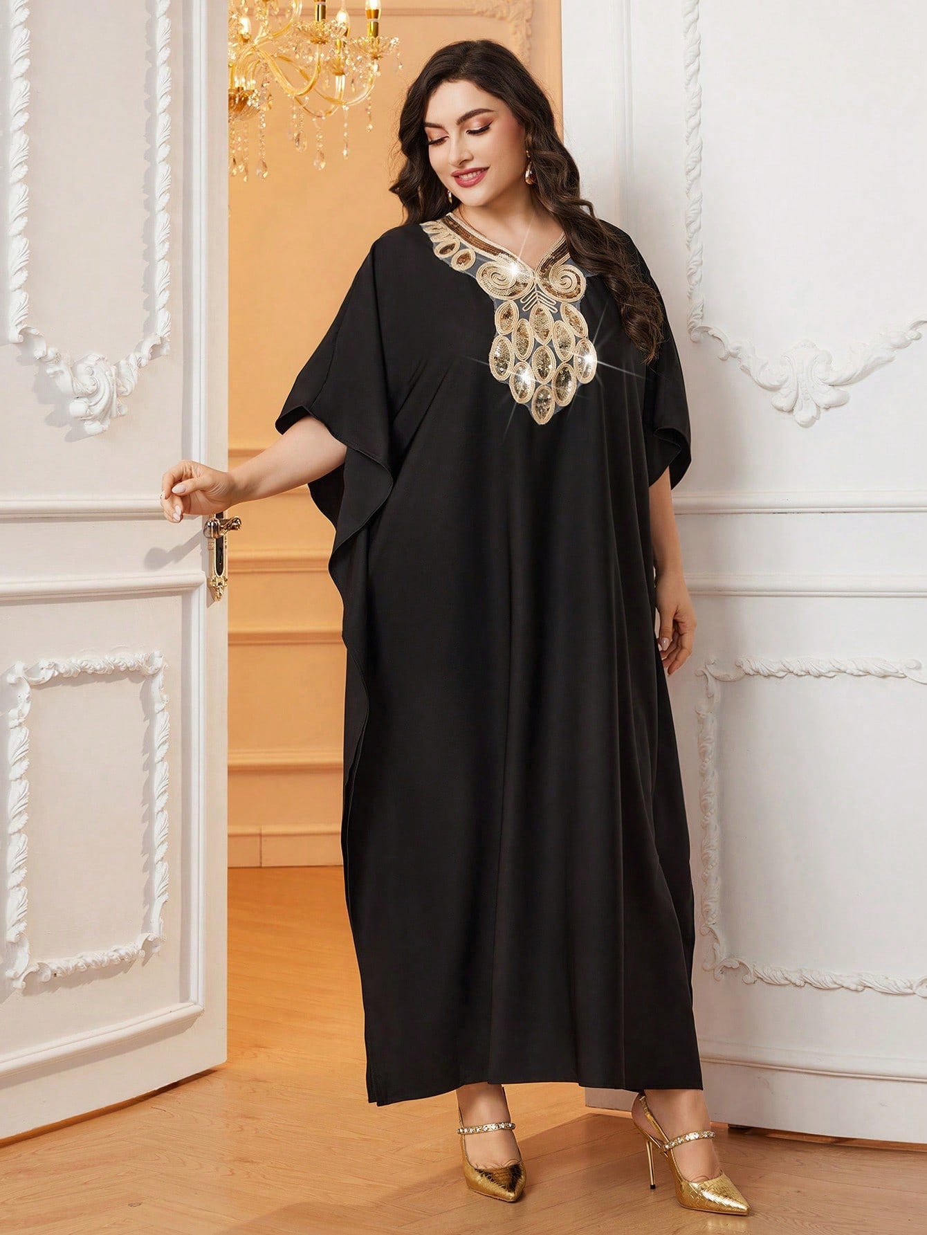 SHEIN Najma Women'S plus Size Stitched Sequined Batwing Sleeve Arabian Clothing
