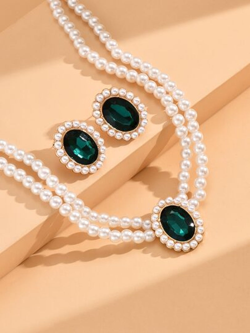 2Pcs Jewelry Set Including 1Pc Pearl Necklace & 1Pair Earrings, Vintage Style Elegant Necklace with Granny Green Stone Women'S Set(2-3Pcs/Set), Also Can Be Sold Separately