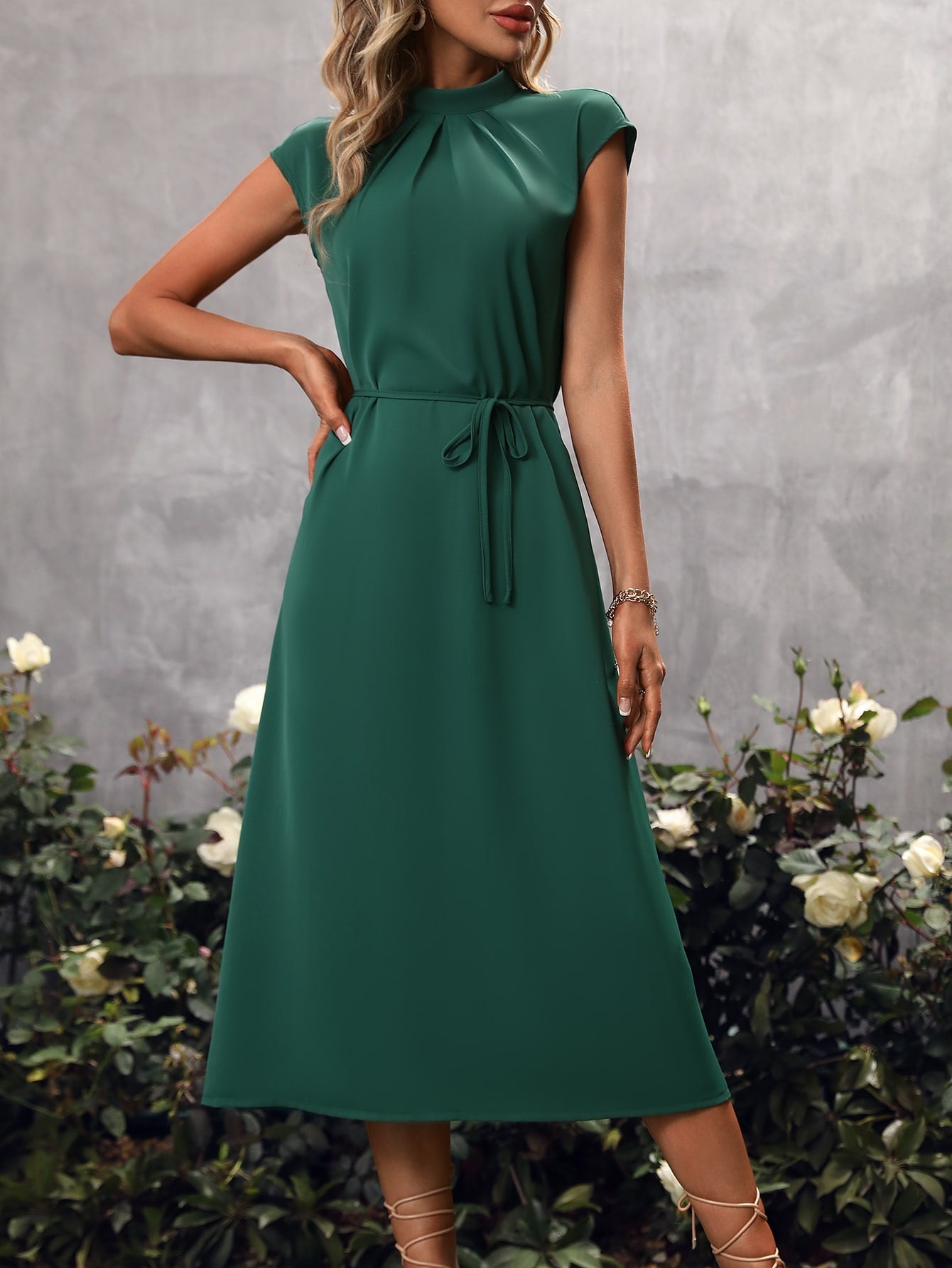 Solid Batwing Sleeve Belted Dress