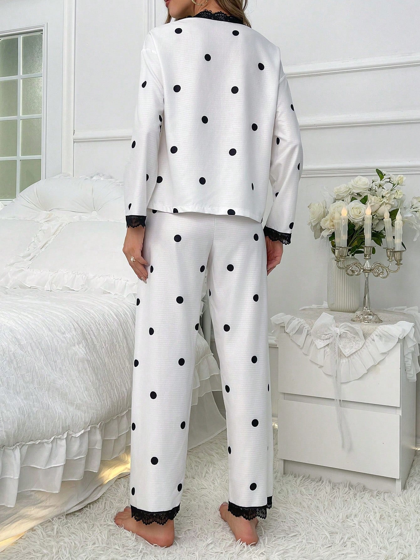 Polka Dot Print Contrast Lace Satin PJ Set