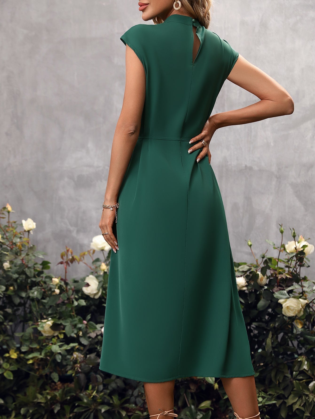 Solid Batwing Sleeve Belted Dress