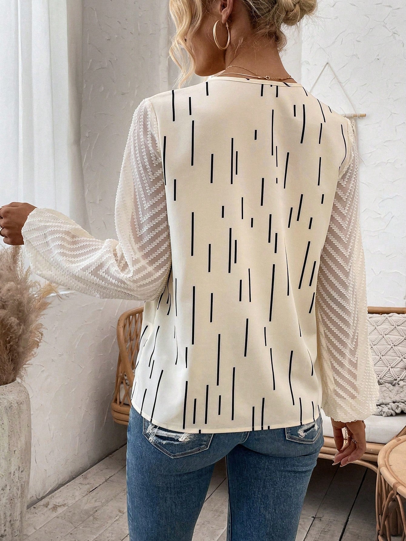 SHEIN LUNE Sheer Mesh Splicing V-Neck Long Sleeve Shirt