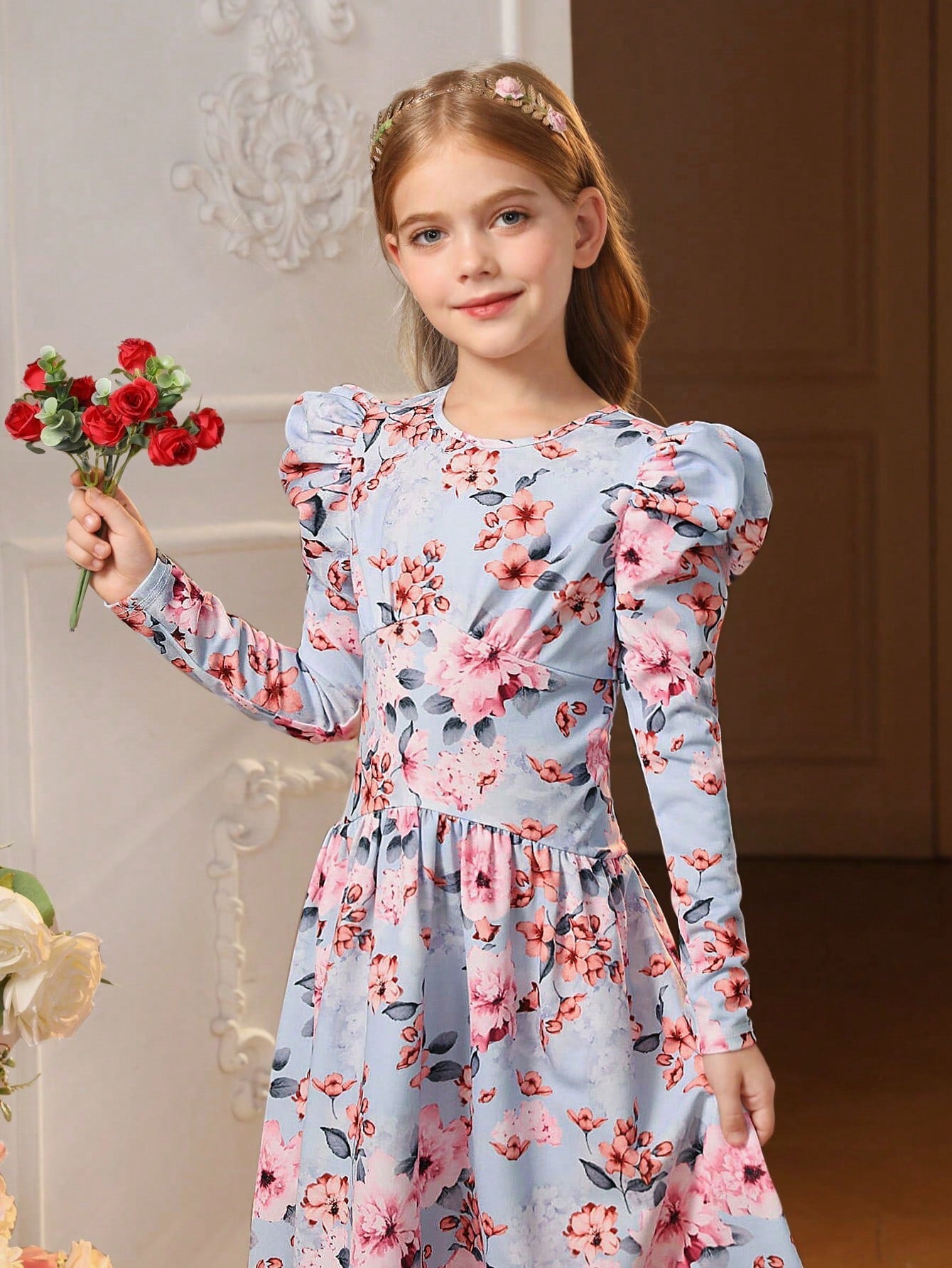 SHEIN Tween Girl Floral Print Gigot Sleeve Dress