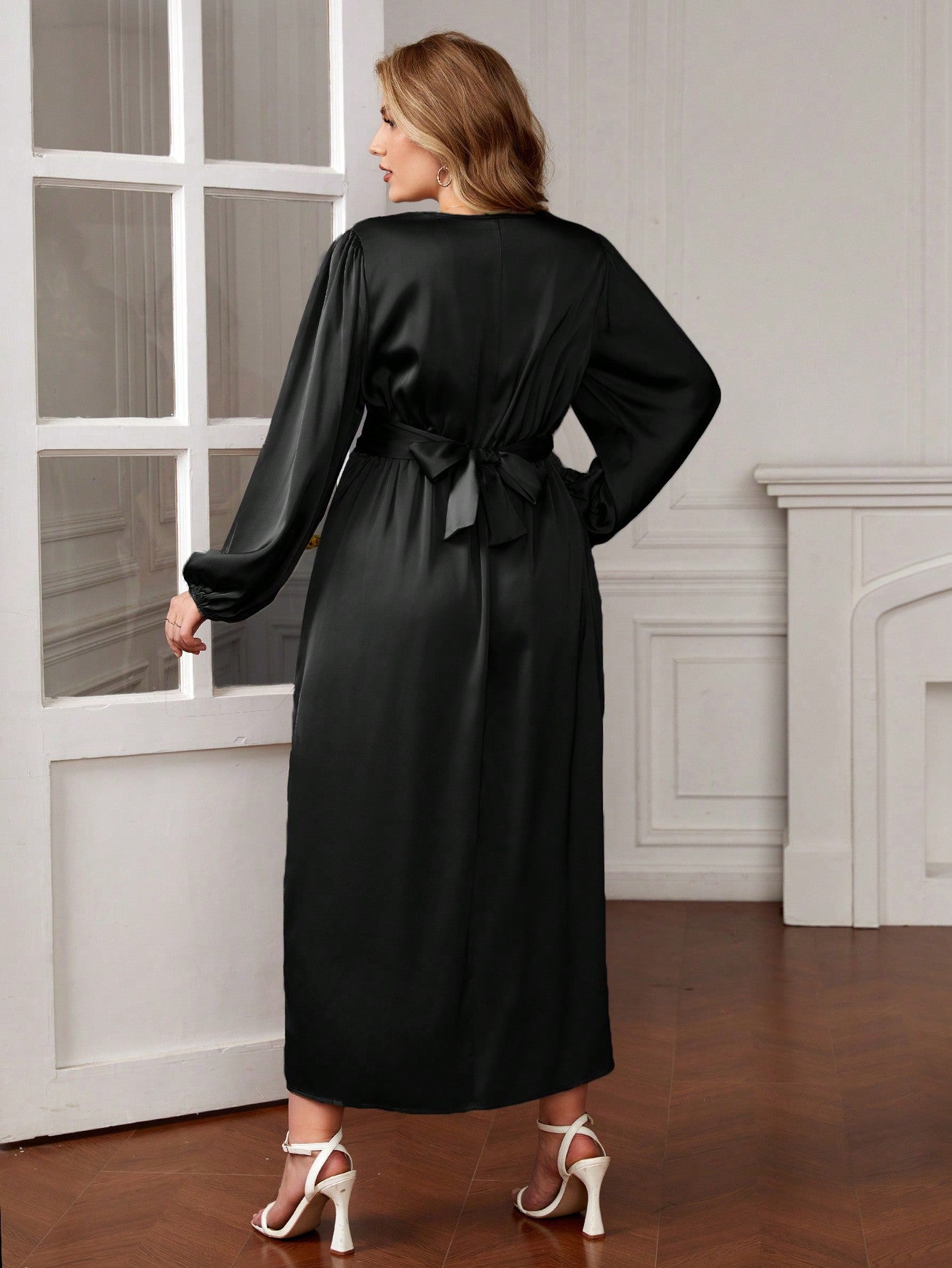 SHEIN Clasi plus Lantern Sleeve Wrap Hem Satin Dress