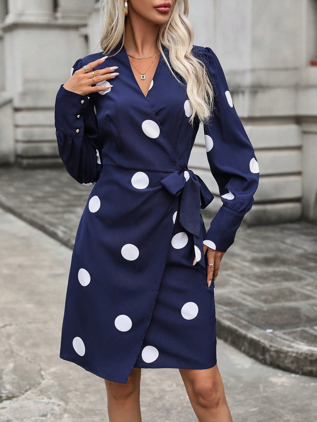 SHEIN LUNE Polka Dot Print Knot Side Wrap Dress