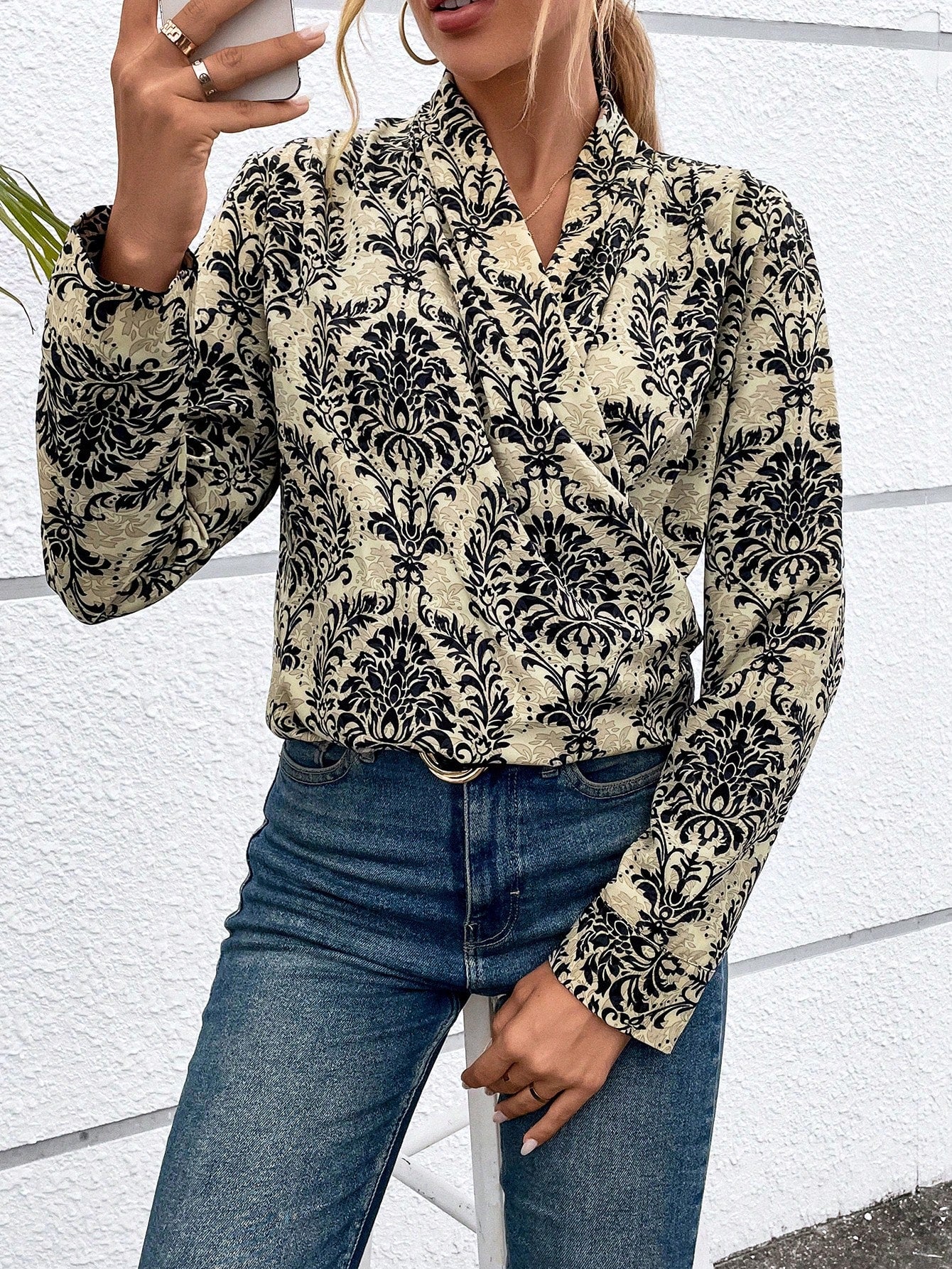 SHEIN LUNE Damask Print Shawl Collar Blouse