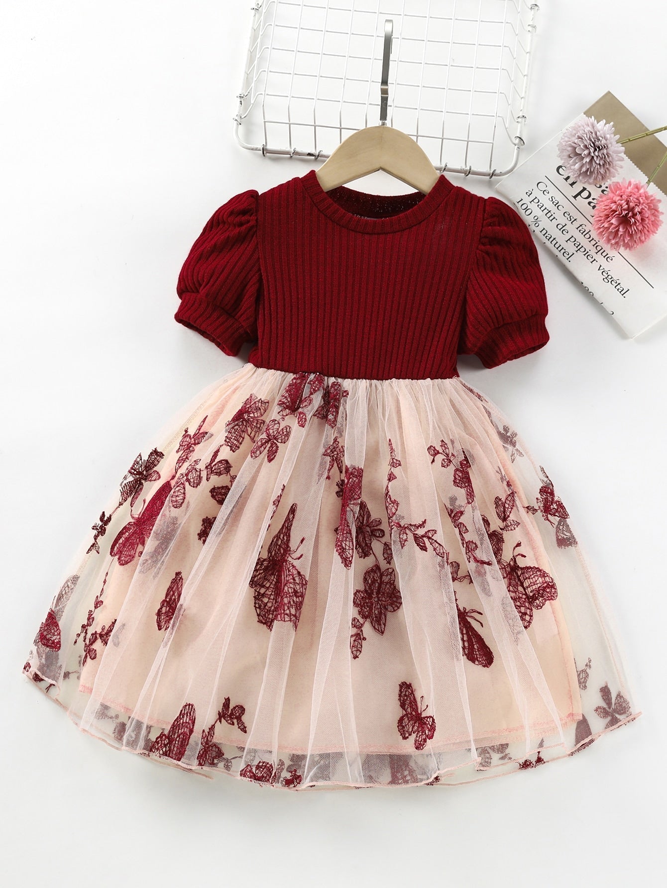 SHEIN Kids CHARMNG Young Girl Butterfly & Floral Embroidered Mesh Hem Dress
