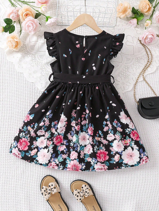 SHEIN Kids CHARMNG Toddler Girls Floral Print Ruffle Trim Belted Dress