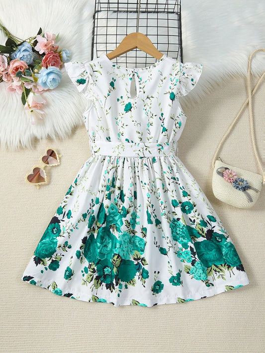 SHEIN Kids CHARMNG Young Girl Floral Print Ruffle Trim Belted Dress