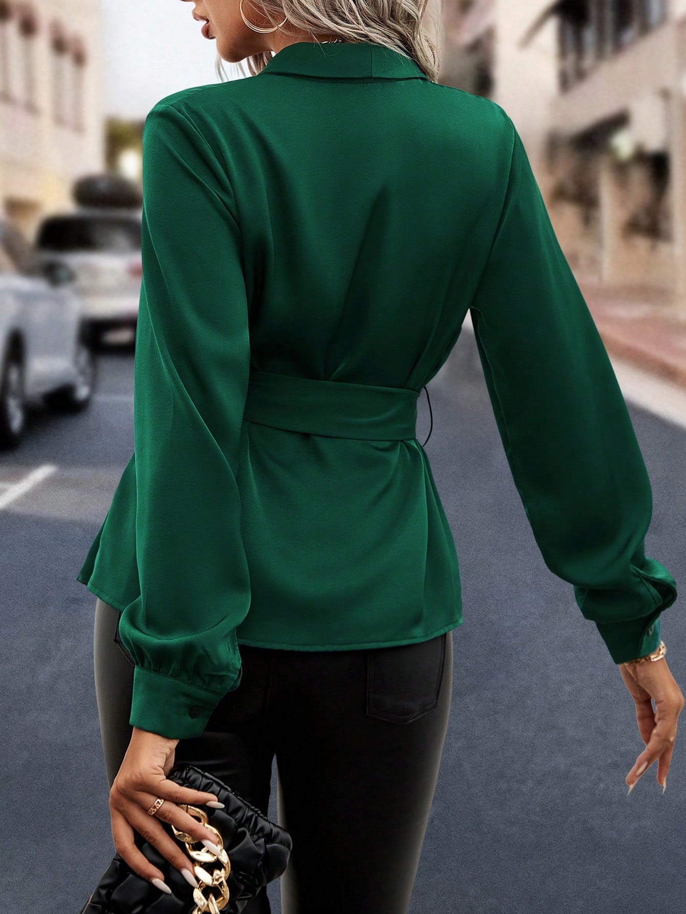 Shawl Collar Asymmetrical Hem Belted Blouse