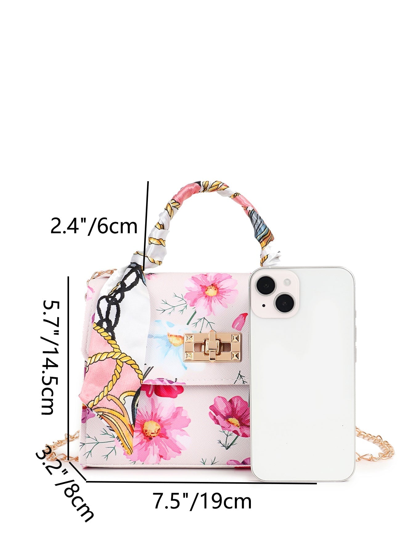 Silk Scarf Accessory Chain Embossed Pu Leather Floral Printed Handbag