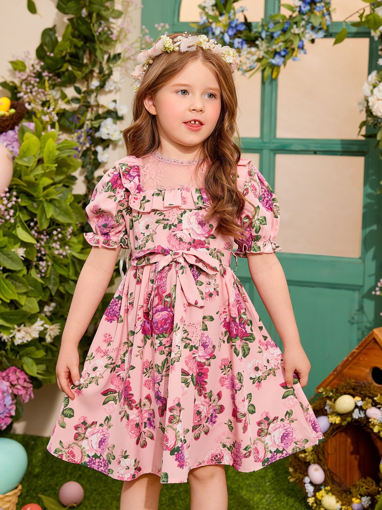 SHEIN Kids CHARMNG Young Girl Floral Print Lace Yoke Ruffle Trim Puff Sleeve Belted Dress