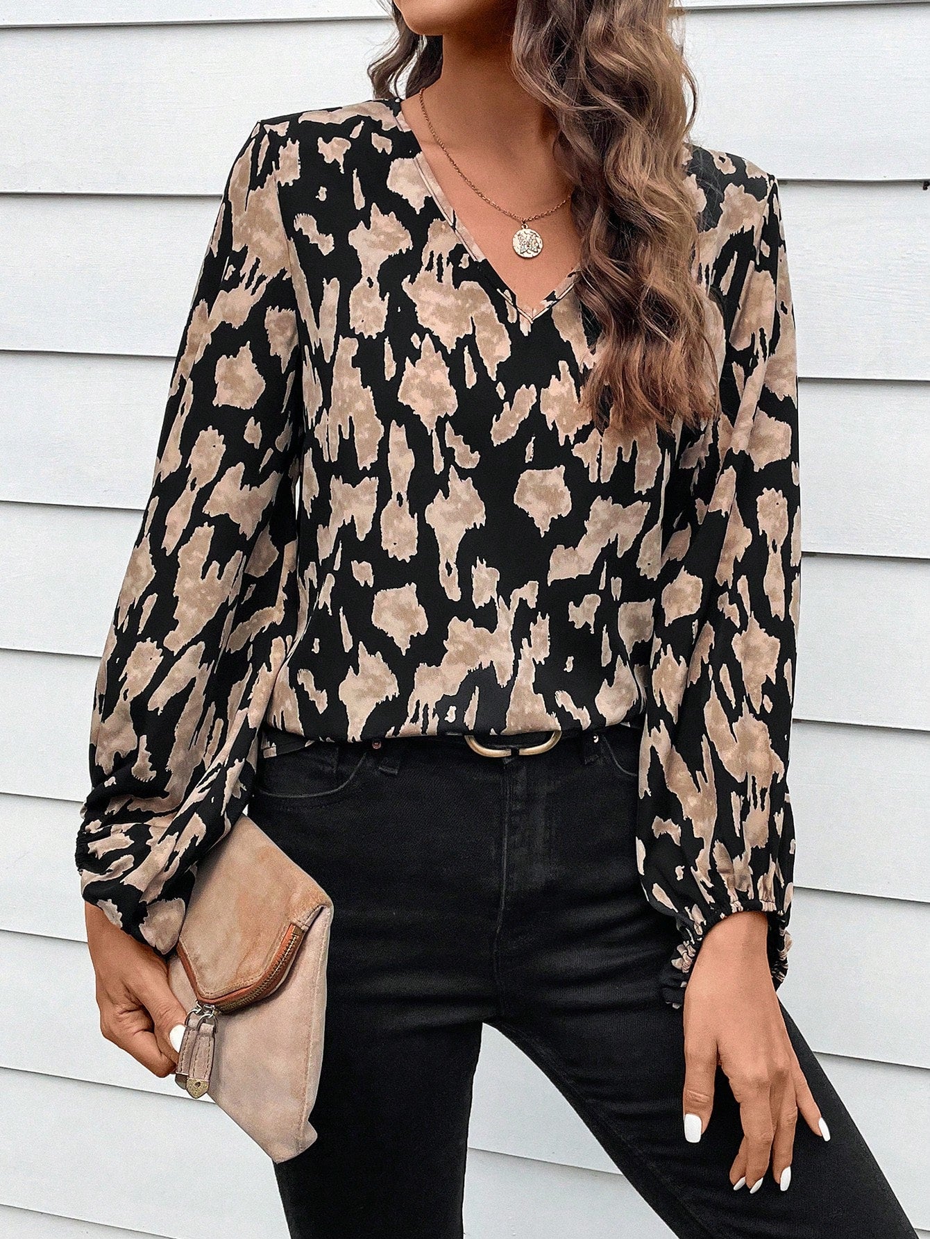 SHEIN LUNE Allover Print Lantern Sleeve Blouse