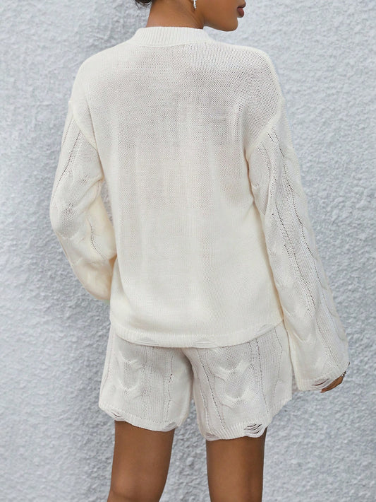 SHEIN Essnce Cable Knit Drop Shoulder Sweater & Drawstring Waist Knit Shorts