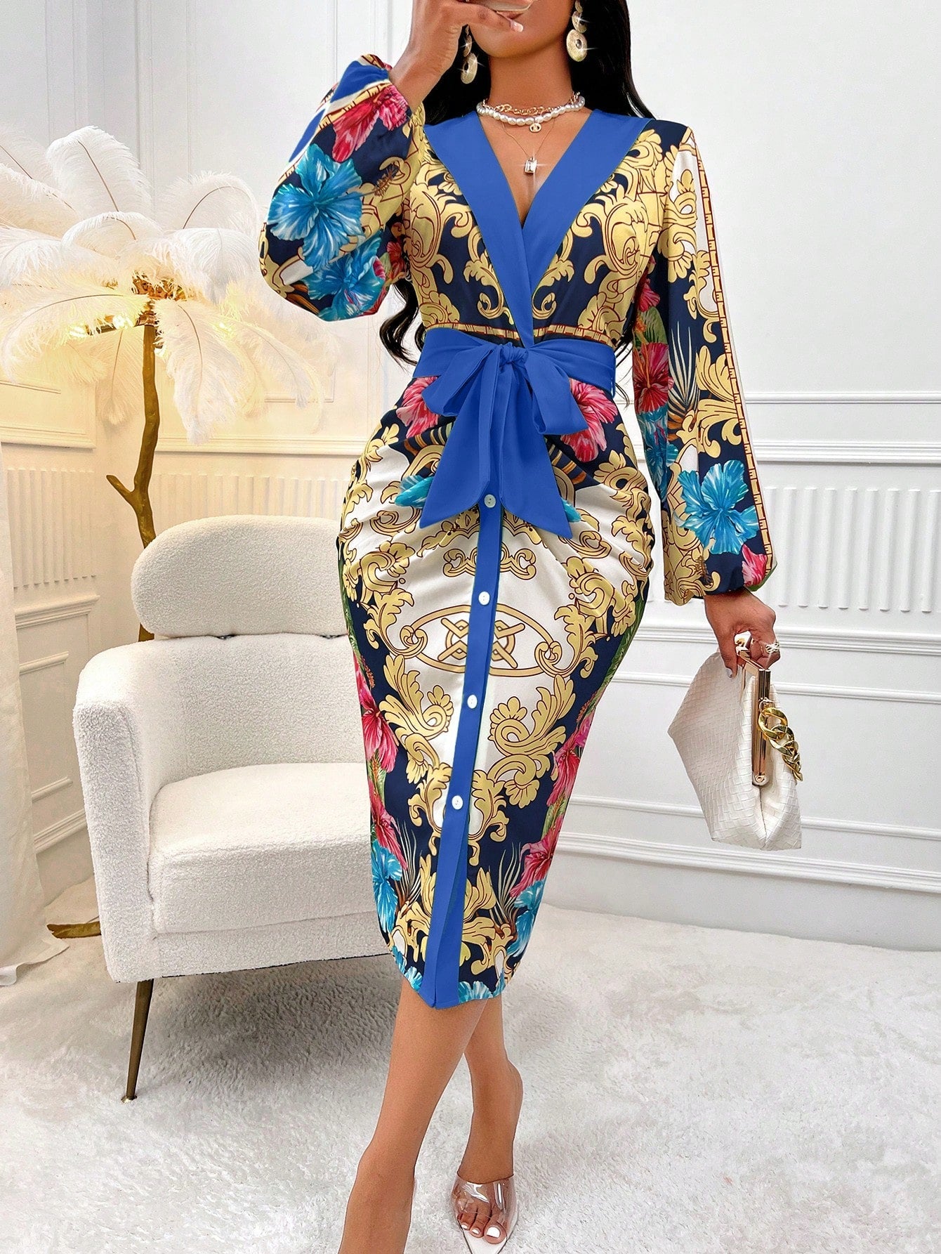 SHEIN Slayr Ladies' Baroque Printed Lantern Sleeve Bodycon Dress