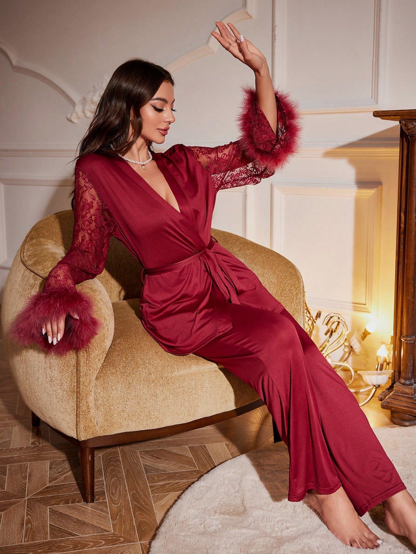 Contrast Lace Fuzzy Cuff Belted PJ Set