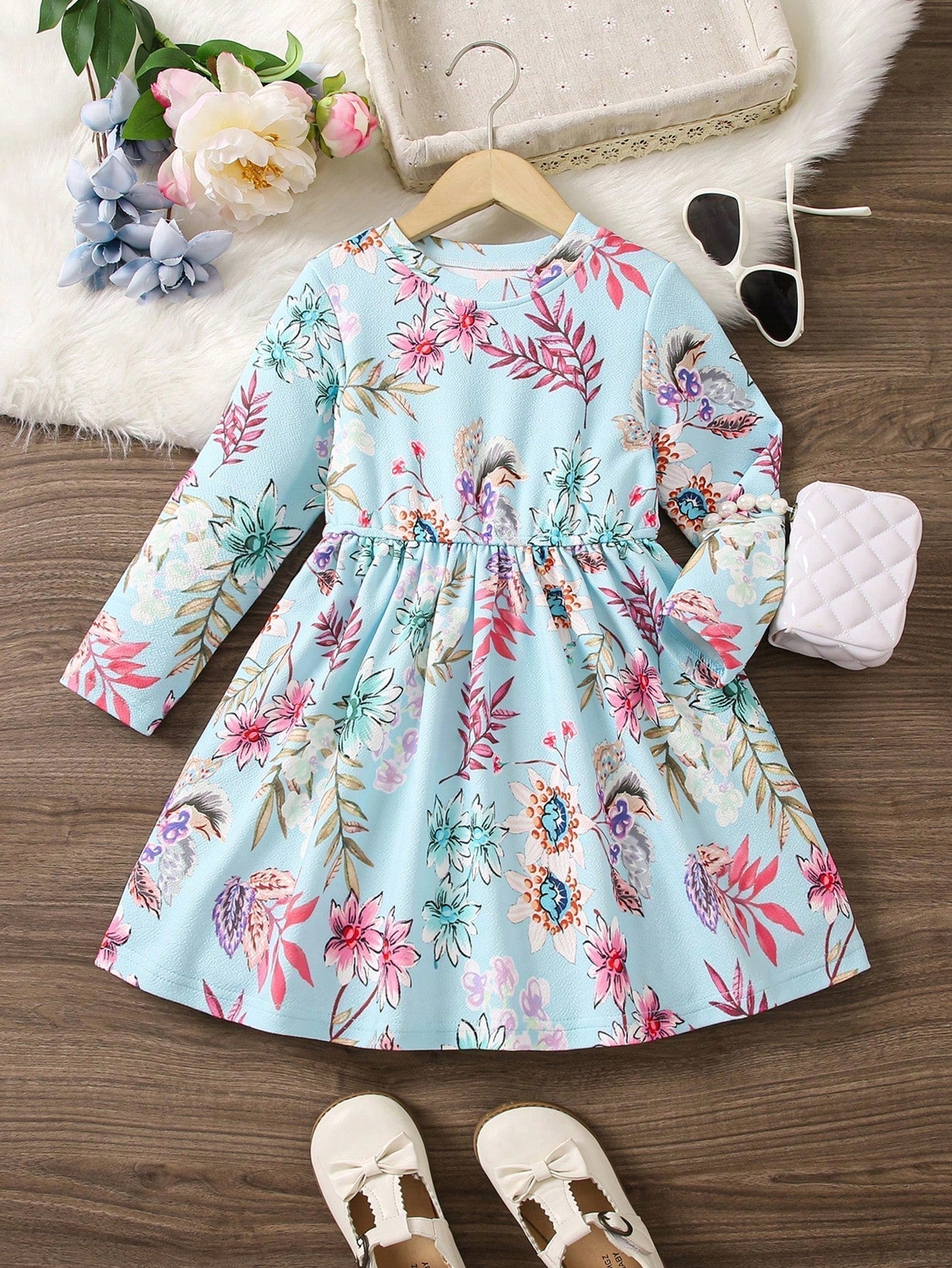 SHEIN Kids EVRYDAY Girls' (Little) Floral Printed round Neck Long Sleeve Dress